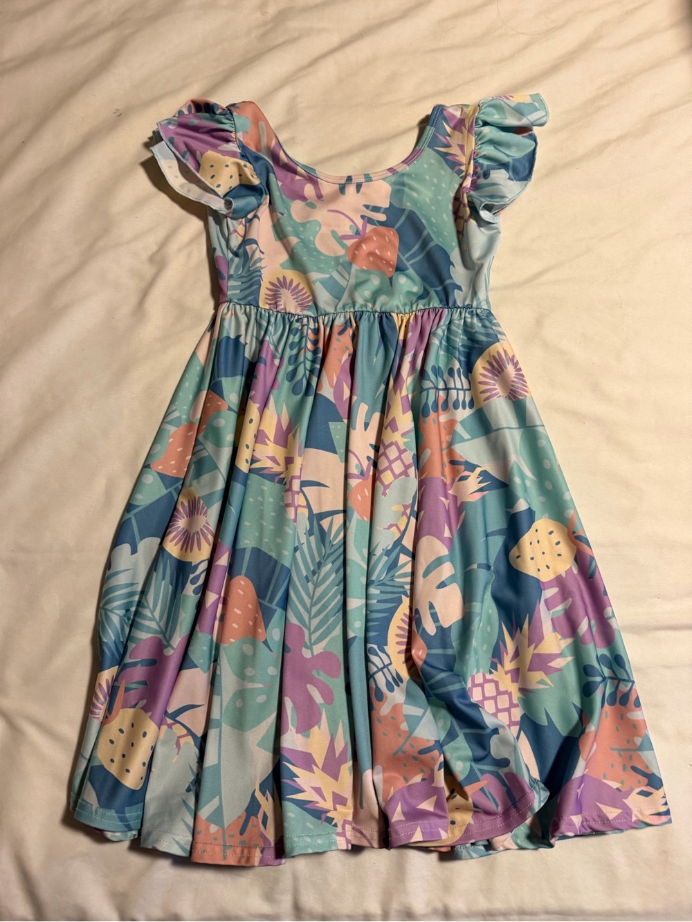 Girls' Pastel Tropical Print Dress - Light Teal & Lavender -Dot Dot Smile